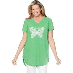 Woman Within Plus Size Marled V-Neck Tunic(Grass Butterfly)