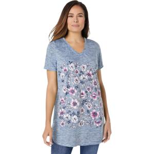 Woman Within Plus Size Marled V-Neck Tunic(Navy Pink Floral Placement)
