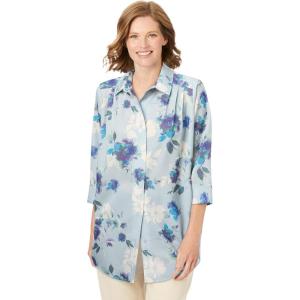 Woman Within Plus Size No Iron Three-Quarter Sleeve Peachskin Shirt(Pearl Grey Romantic Floral)