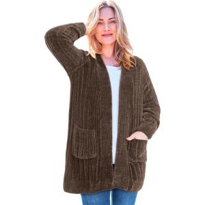 Woman Within Plus Size Open Front Chenille Cardigan Sweater(Chocolate)