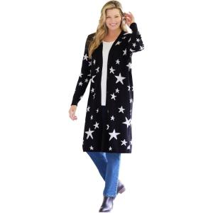 Woman Within Plus Size Perfect Cotton Duster Sweater(Black Scattered Stars)