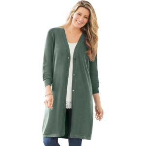 Woman Within Plus Size Perfect Cotton Duster Sweater(Pine)