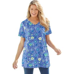 Woman Within Plus Size Perfect Printed Short-Sleeve V-Neck Tunic(French Blue Jacquard Floral)