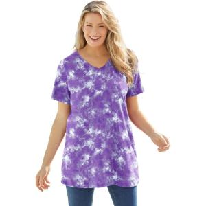 Woman Within Plus Size Perfect Printed Short-Sleeve V-Neck Tunic(Petal Purple Tie Dye)