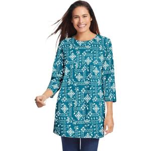 Woman Within Plus Size Perfect Printed Three-Quarter Sleeve Crewneck Tunic(Deep Teal Patchwork)