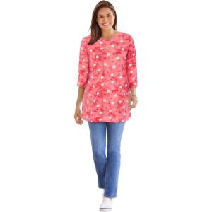 Woman Within Plus Size Perfect Printed Three-Quarter Sleeve Crewneck Tunic(Geranium Tie Dye Hearts)