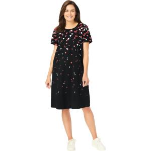 Woman Within Plus Size Perfect Short-Sleeve Crewneck Tee Dress(Black Red Falling Hearts)