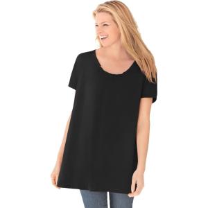 Woman Within Plus Size Perfect Short-Sleeve Shirred U-Neck Tunic(Black)
