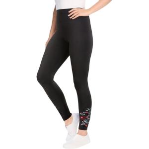Woman Within Plus Size Petite Stretch-Cotton Knit Pull-On Embroidered Leggings(Black Floral Embroidery)