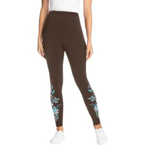 Woman Within Plus Size Petite Stretch-Cotton Knit Pull-On Embroidered Leggings(Chocolate Floral Embroidery)
