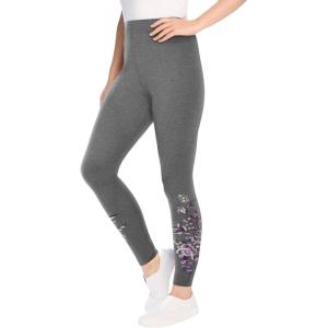 Woman Within Plus Size Petite Stretch-Cotton Knit Pull-On Embroidered Leggings(Medium Heather Grey Floral Embroidery)