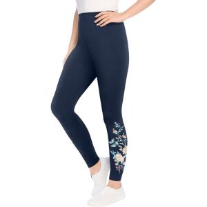 Woman Within Plus Size Petite Stretch-Cotton Knit Pull-On Embroidered Leggings(Navy Banana Floral Embroidery)
