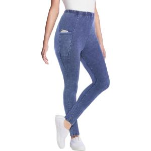 Woman Within Plus Size Petite Stretch-Cotton Knit Pull-On Pocket Leggings(Stone Wash)