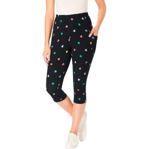 Woman Within Plus Size Petite Stretch-Cotton Knit Pull-On Printed Pocket Capri Leggings(Black Multi Hearts)