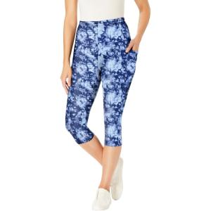Woman Within Plus Size Petite Stretch-Cotton Knit Pull-On Printed Pocket Capri Leggings(Blue Tie Dye)