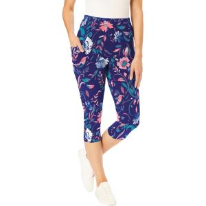 Woman Within Plus Size Petite Stretch-Cotton Knit Pull-On Printed Pocket Capri Leggings(Navy Coral Multi Floral)