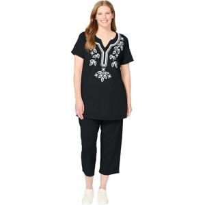 Woman Within Plus Size Printed Tunic And Capri Set(Black)