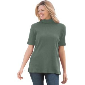 Woman Within Plus Size Ribbed Short Sleeve Turtleneck(Pine)