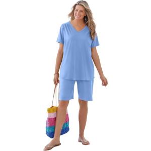 Woman Within Plus Size Short-Sleeve V-Neck Shirred Tee(French Blue)