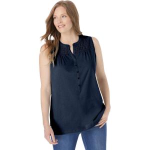 Woman Within Plus Size Smocked Henley Tank Top(Navy)