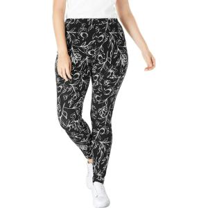 Woman Within Plus Size Stretch-Cotton Knit Pull-On Printed Leggings(Black Batik Floral)