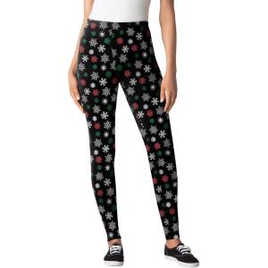 Woman Within Plus Size Stretch-Cotton Knit Pull-On Printed Leggings(Black Festive Snowflakes)