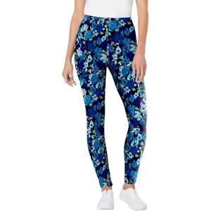 Woman Within Plus Size Stretch-Cotton Knit Pull-On Printed Leggings(Black Watercolor Flowers)