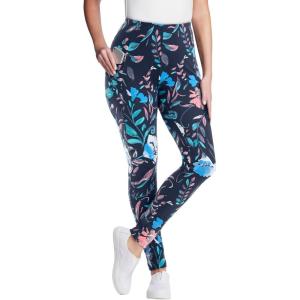 Woman Within Plus Size Stretch-Cotton Knit Pull-On Printed Pocket Leggings(Navy Coral Multi Floral)