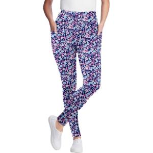 Woman Within Plus Size Stretch-Cotton Knit Pull-On Printed Pocket Leggings(Navy Happy Ditsy)