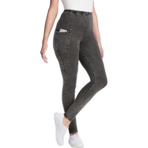 Woman Within Plus Size Tall Stretch-Cotton Knit Pull-On Pocket Leggings(Black Wash)