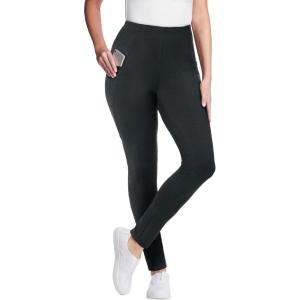 Woman Within Plus Size Tall Stretch-Cotton Knit Pull-On Pocket Leggings(Heather Charcoal)
