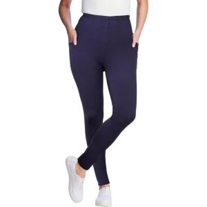 Woman Within Plus Size Tall Stretch-Cotton Knit Pull-On Pocket Leggings(Navy)