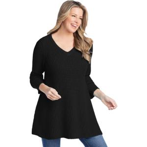 Woman Within Plus Size V-Neck Shaker A-Line Sweater(Black)