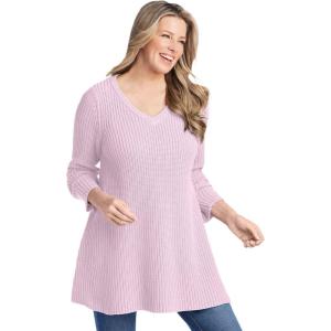 Woman Within Plus Size V-Neck Shaker A-Line Sweater(Pink)