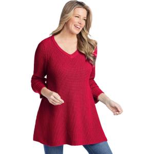 Woman Within Plus Size V-Neck Shaker A-Line Sweater(Vivid Red)