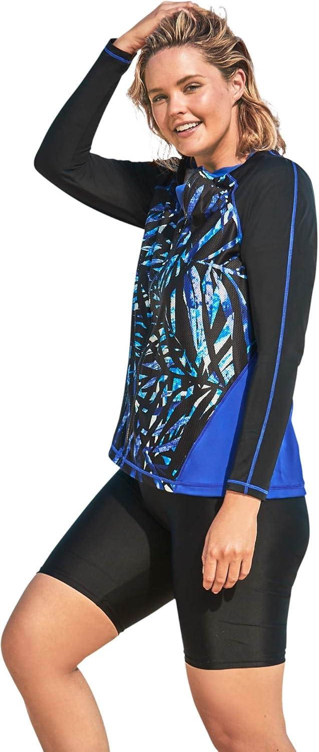 image:imageSwimsuits for All Swim 365 Womens Plus Size Chlorine Resistant LongSleeve Colorblock Swim TeeBlue Painterly Leaves