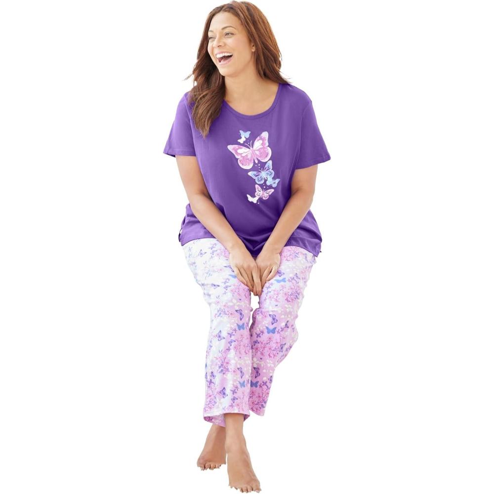 image:imageDreams amp Co Plus Size Graphic Tee PJ SetPlum Burst Floral Butterfly