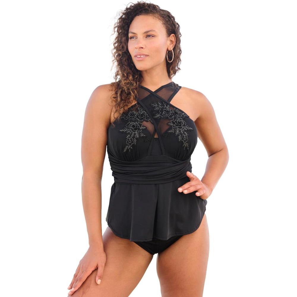 image:imageSwim 365 Womens Plus Size Laceappliqud HighNeck TankiniBlack