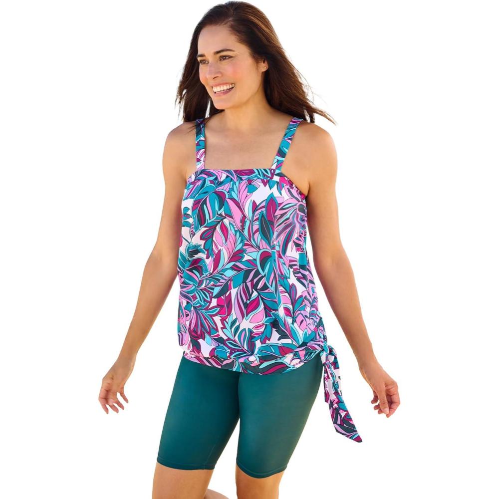 image:imageSwimsuits for All Swim 365 Womens Plus Size Blouson Tankini Top with Adjustable StrapsFuchsia Retro Leaves