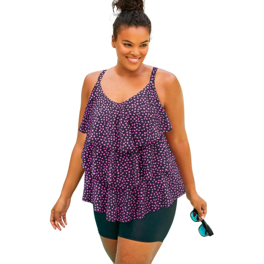 image:imageSwimsuits for All Swim 365 Womens Plus Size LongerLength TieredRuffle Tankini TopBlack Pink Dot