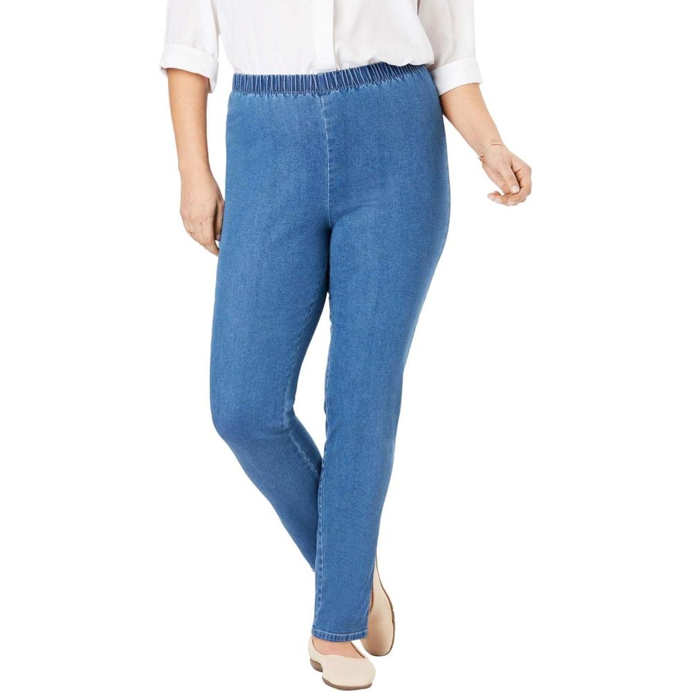 image:imageWoman Within Plus Size Petite PullOn ElasticWaist Stretch Fineline Denim Jeans  12 WP Light Stonewash
