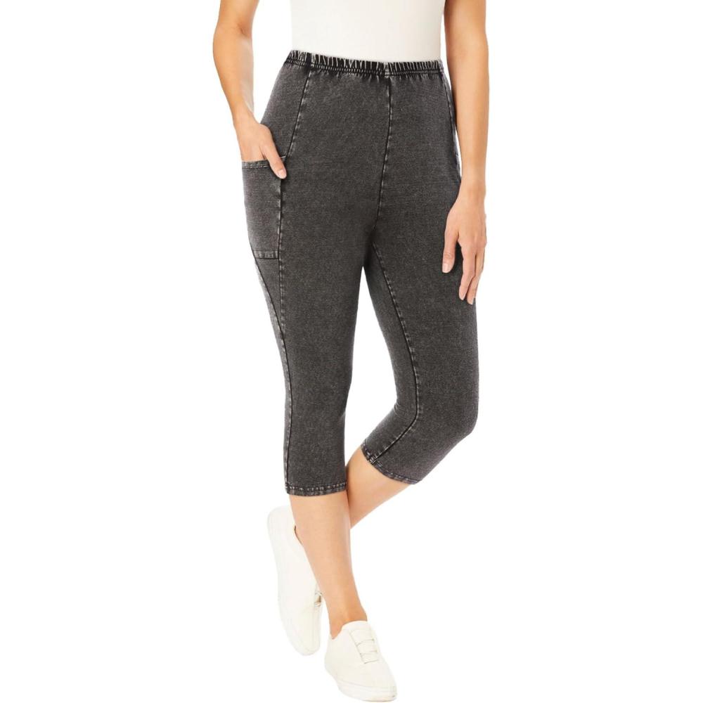 image:imageWoman Within Plus Size Petite StretchCotton Knit PullOn Pocket Capri LeggingsBlack Wash