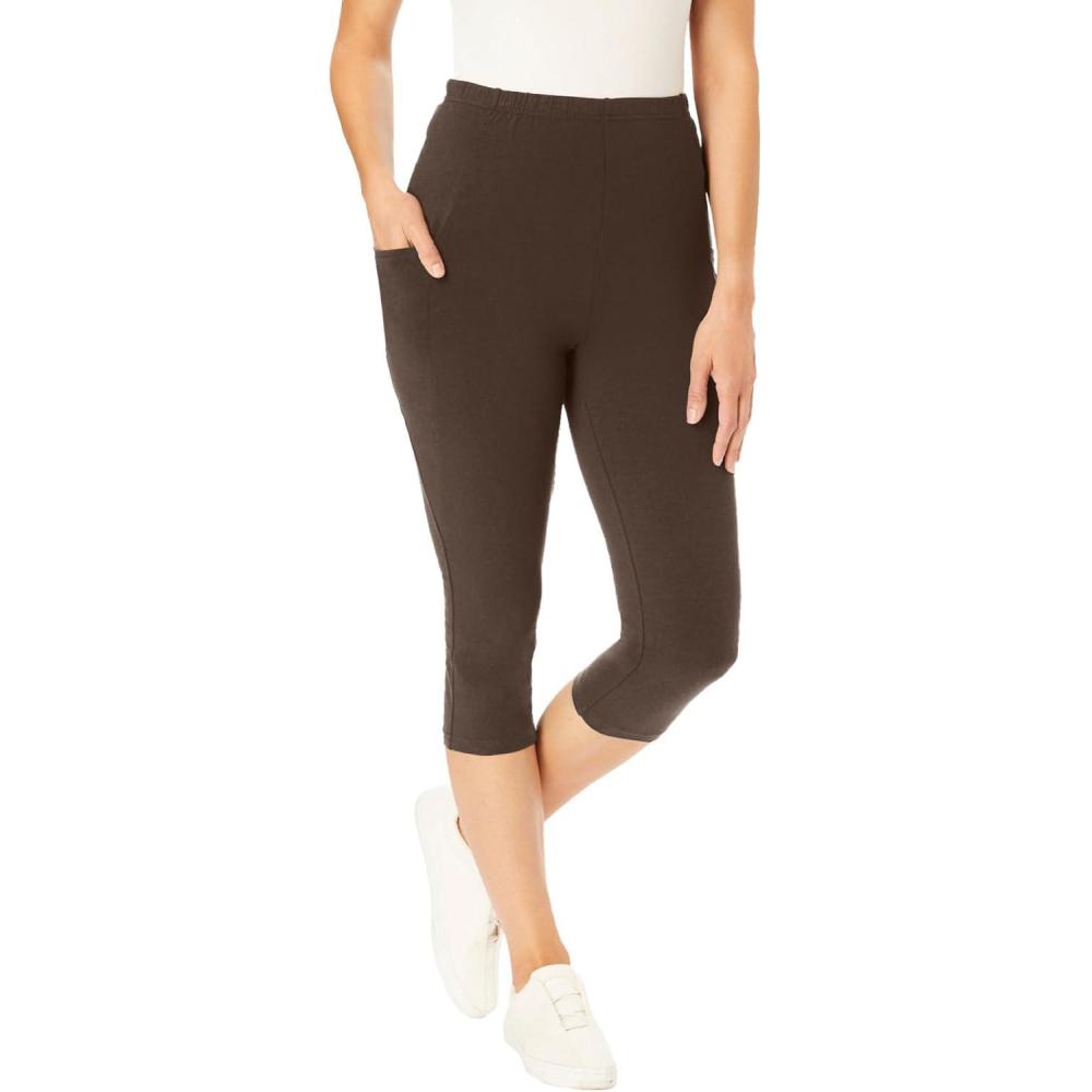 image:imageWoman Within Plus Size Petite StretchCotton Knit PullOn Pocket Capri LeggingsChocolate