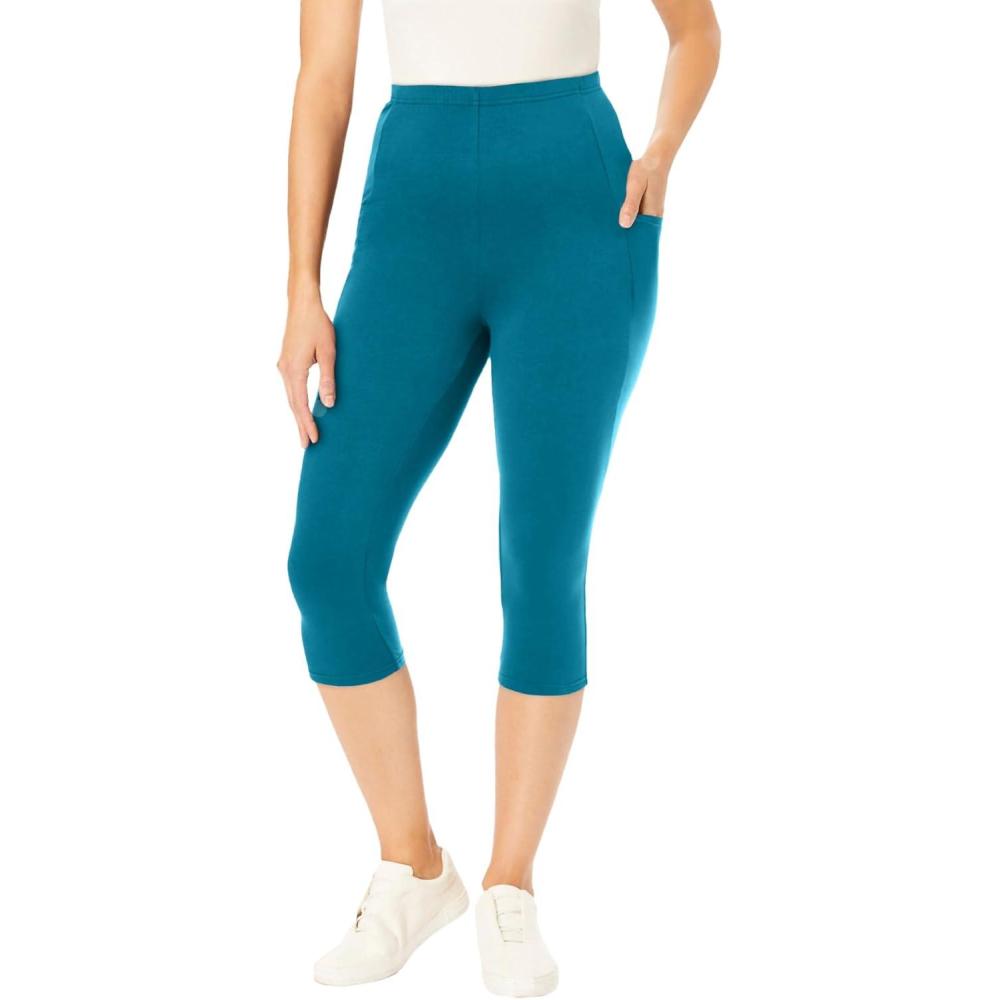 image:imageWoman Within Plus Size Petite StretchCotton Knit PullOn Pocket Capri LeggingsDeep Teal