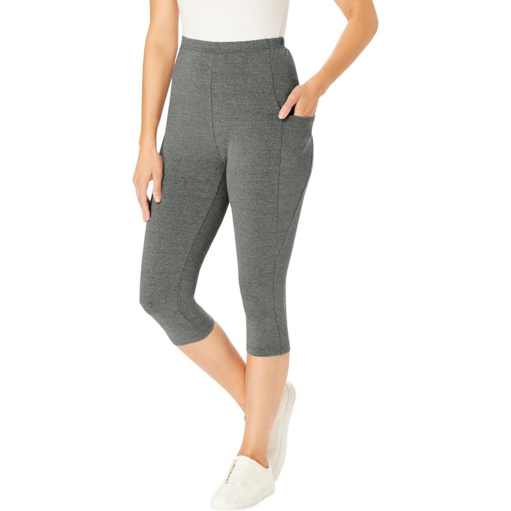 image:imageWoman Within Plus Size Petite StretchCotton Knit PullOn Pocket Capri LeggingsMedium Heather Grey