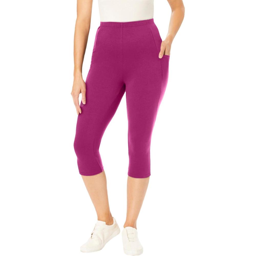 image:imageWoman Within Plus Size Petite StretchCotton Knit PullOn Pocket Capri LeggingsRaspberry