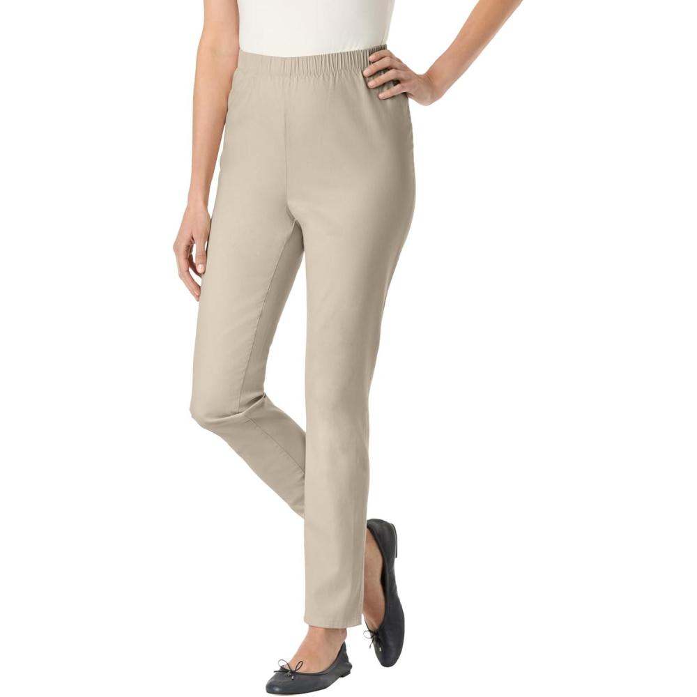 image:imageWoman Within Plus Size PullOn ElasticWaist Stretch Fineline Denim Jeans  14 W Natural Khaki