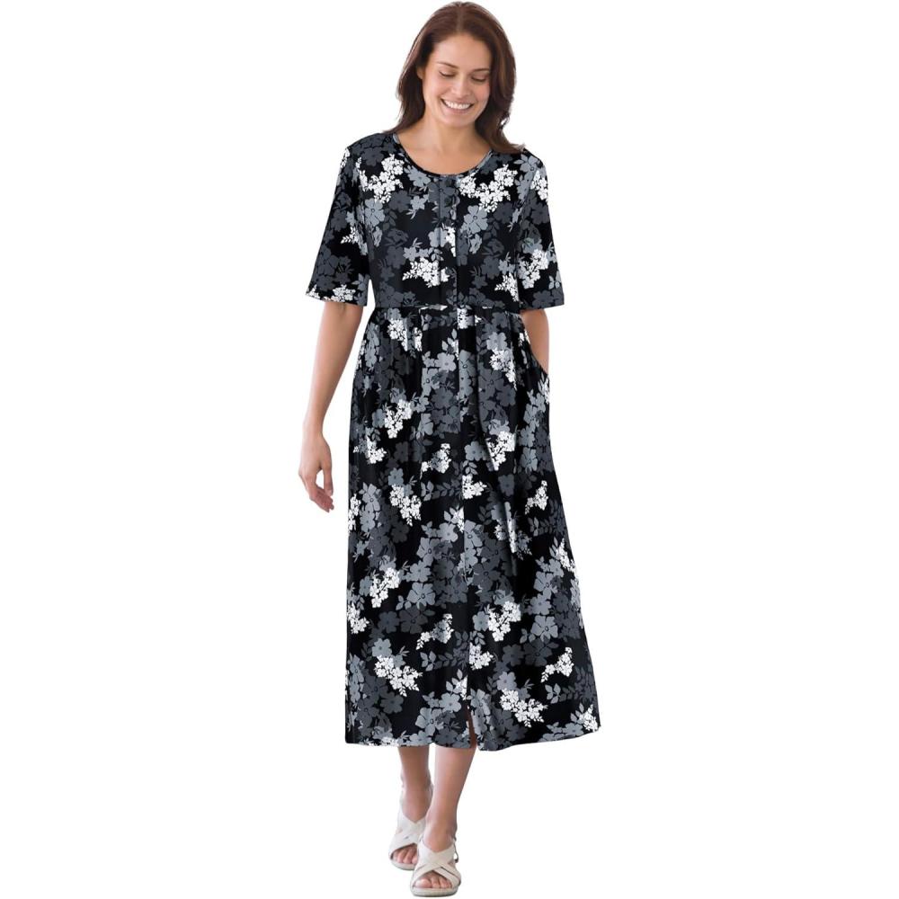 image:imageWoman Within Plus Size ShortSleeve ButtonFront Pocket Dress Petite Available  2X Black Graphic Bloom