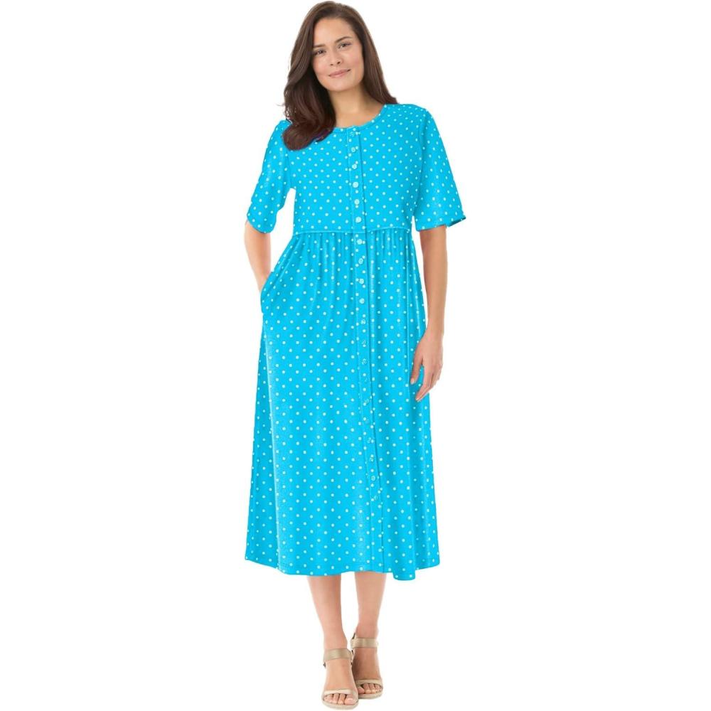image:imageWoman Within Plus Size ShortSleeve ButtonFront Pocket Dress Petite Available  L Blue Polka Dot