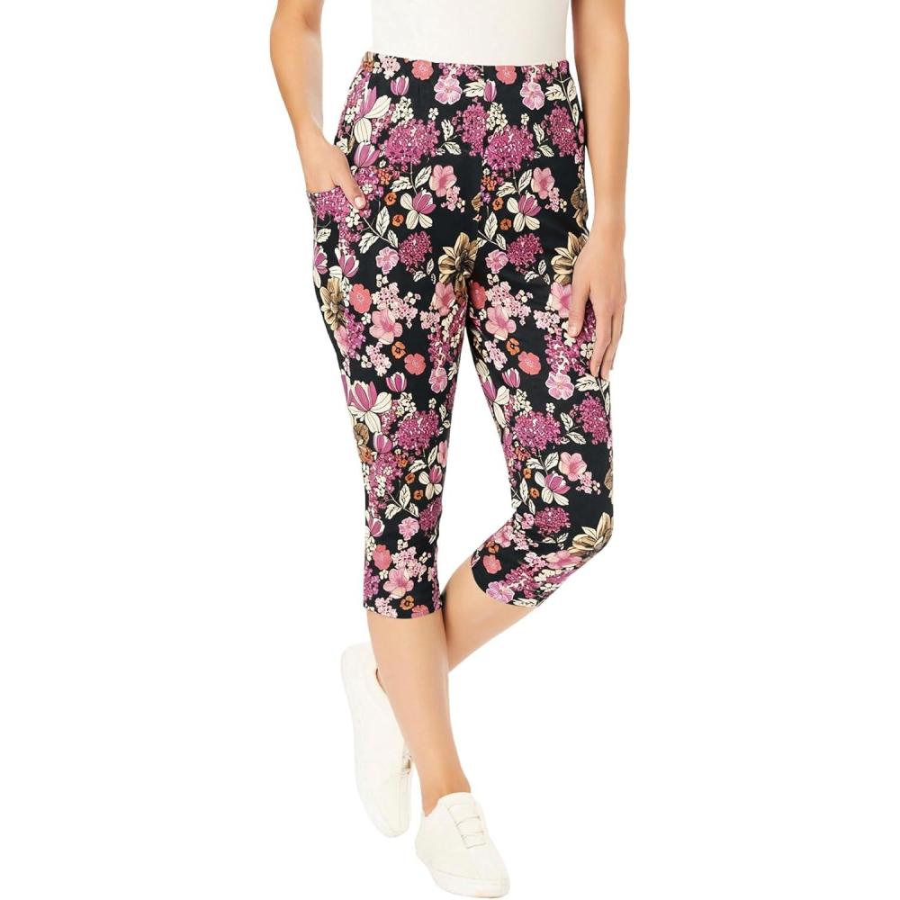 image:imageWoman Within Plus Size StretchCotton Knit PullOn Printed Pocket Capri LeggingsBlack Berry Garland